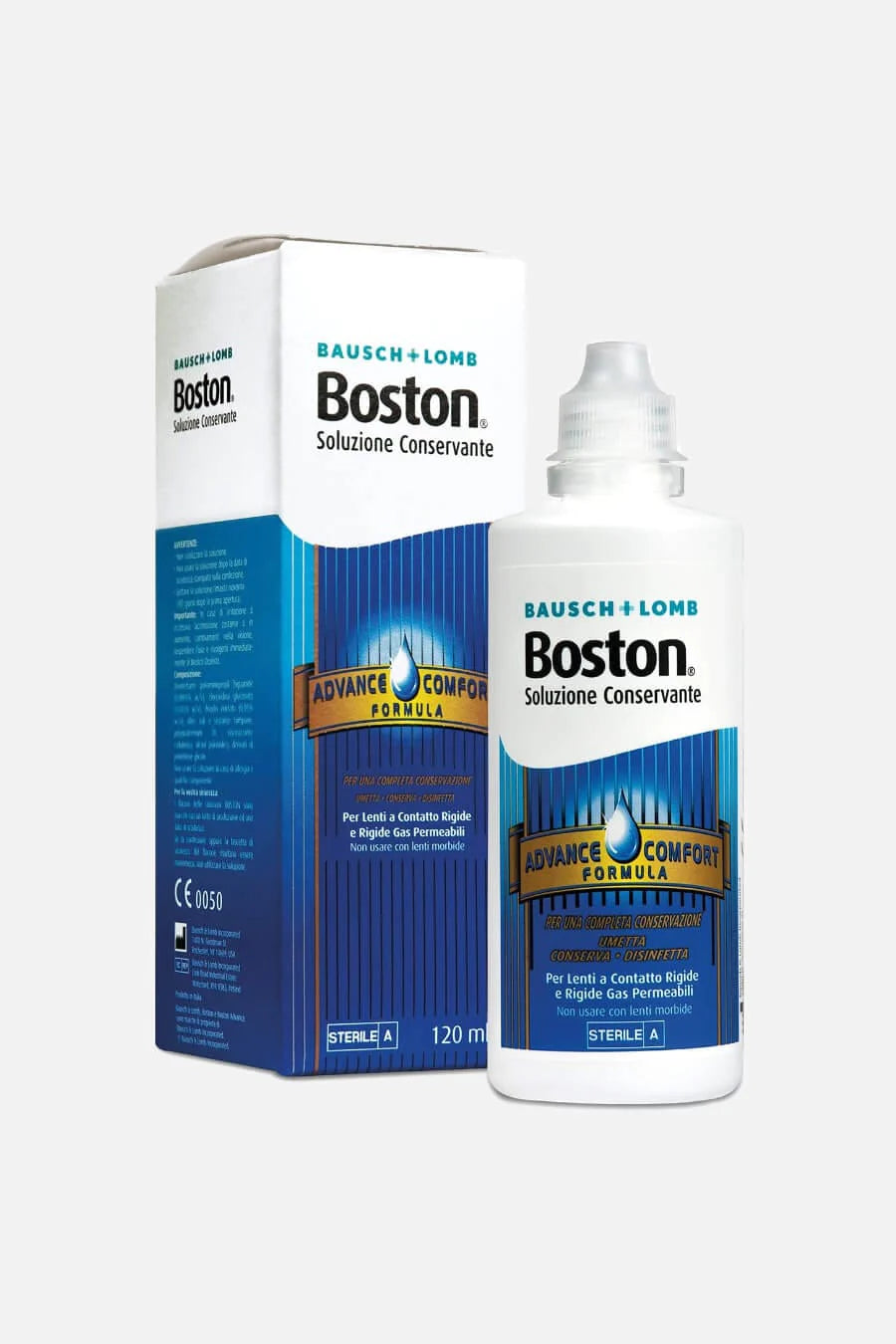Confezione di Boston Advance Conservante di Bausch + Lomb, soluzione disinfettante per la conservazione delle lenti a contatto rigide gas permeabili (RGP).