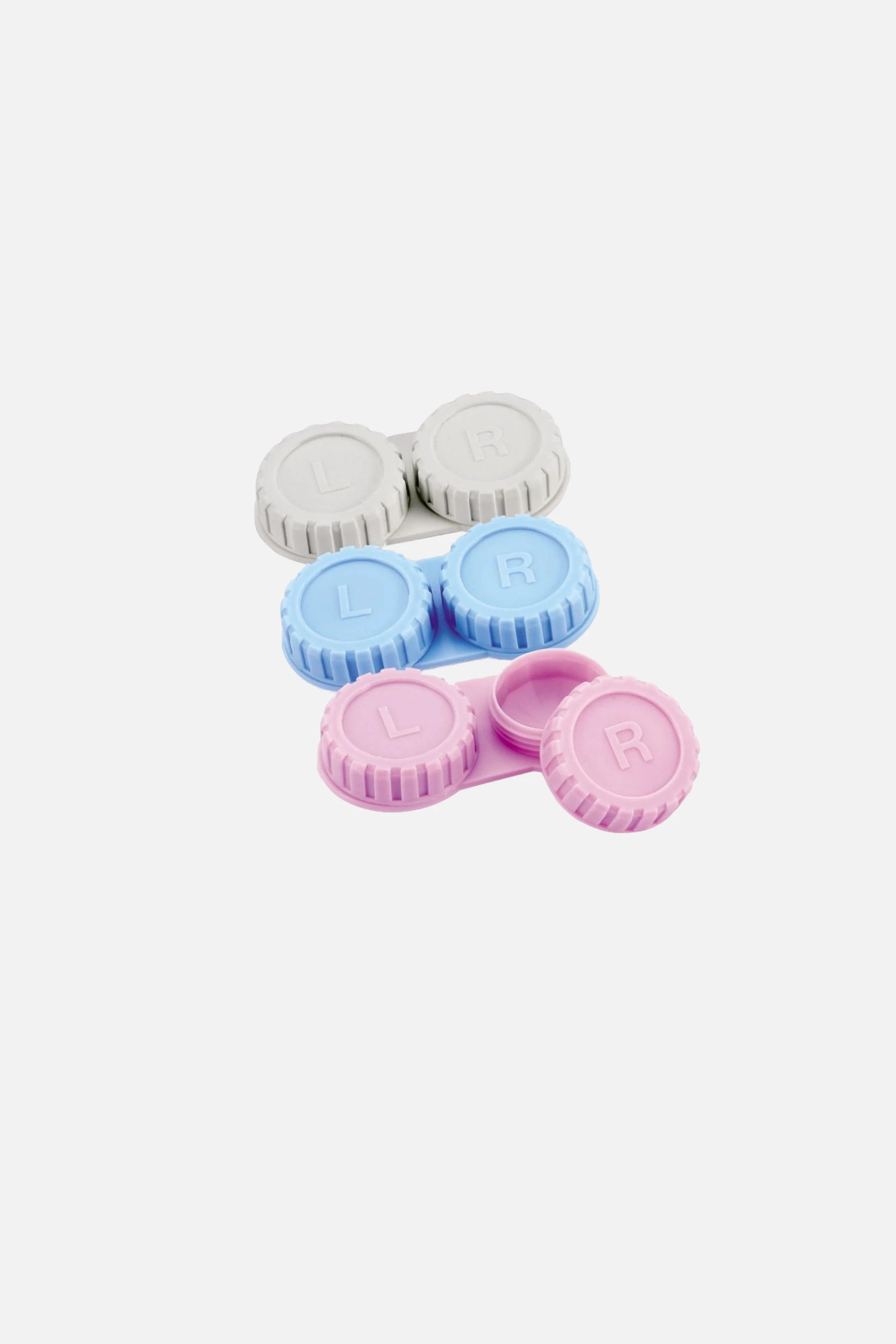 Contenitore per lenti a contatto morbide e R.G.P., doppio scomparto con indicatori R e L, in plastica resistente.