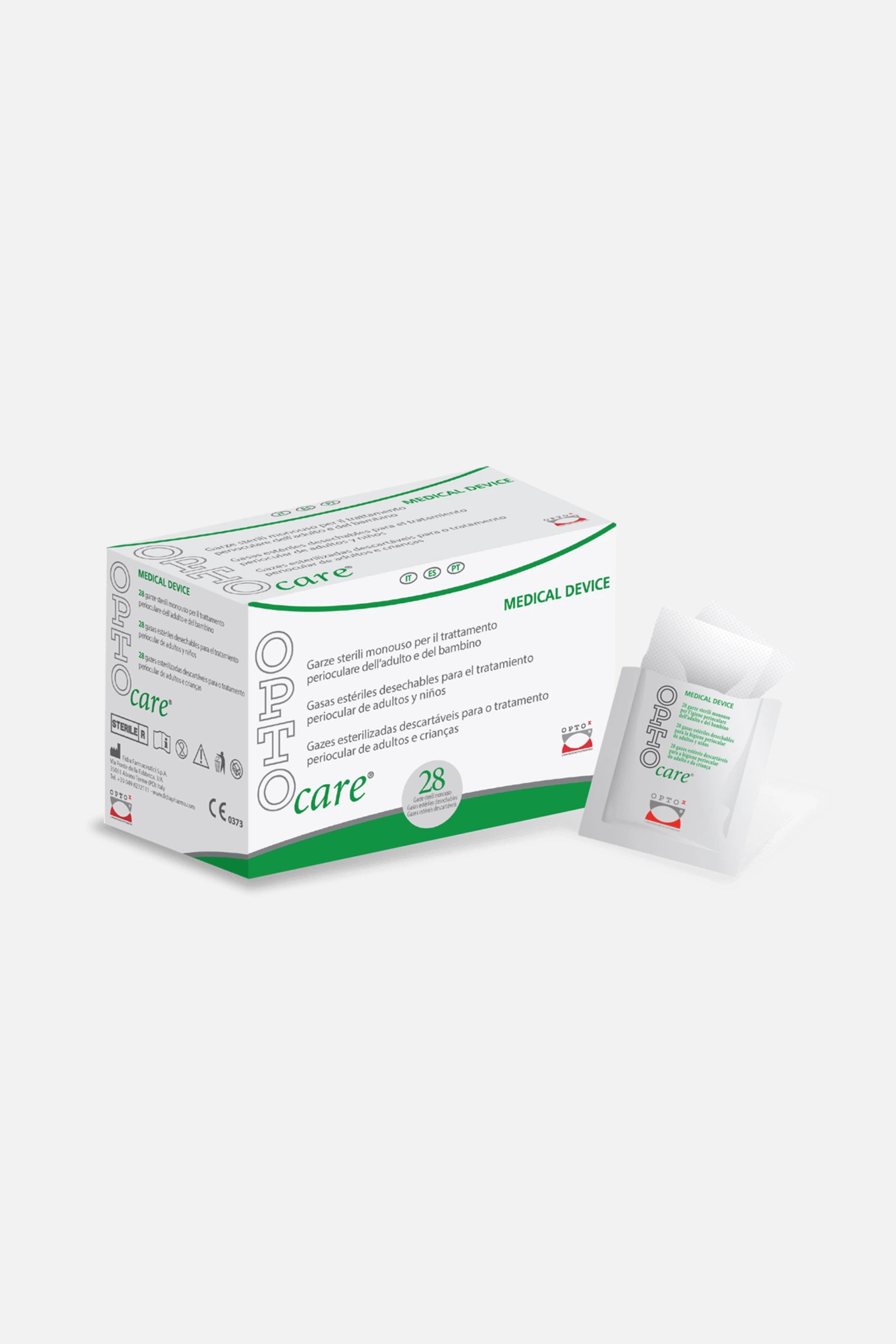 Confezione di Opto Care OPTOx, 28 garze sterili per l’igiene degli occhi e delle palpebre.