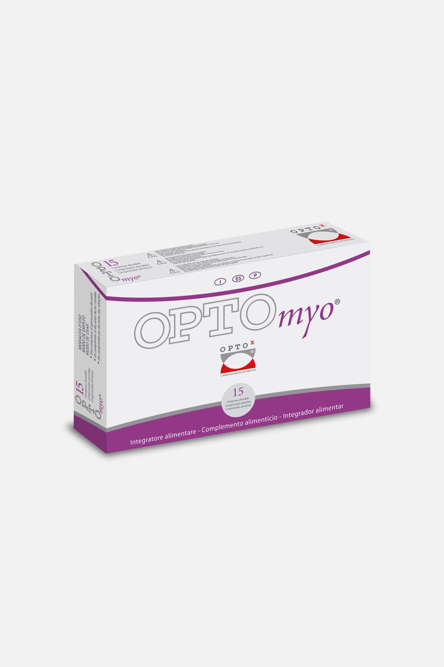 Confezione di OPTOmyo OPTOx, integratore per miopia con luteina e vitamina A, 15 compresse.