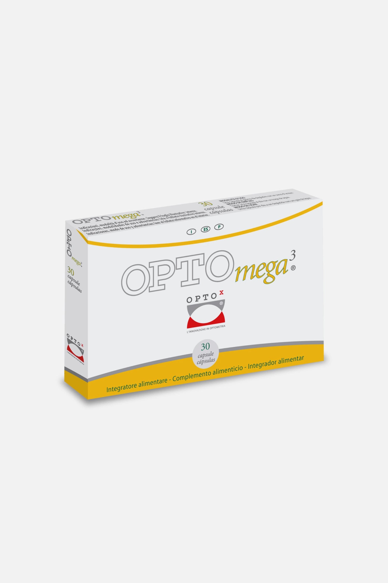 Confezione di OPTO Omega 3 OPTOx, integratore per retina e occhi con Omega 3 e luteina, 30 capsule.