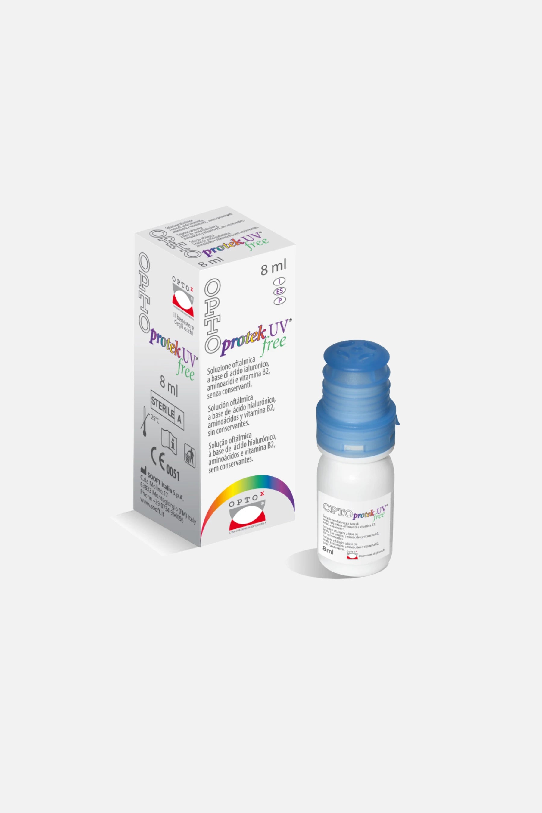 Flacone di OPTO Protek UV Free 8ml OPTOx, collirio per luce blu e occhi secchi, senza conservanti.