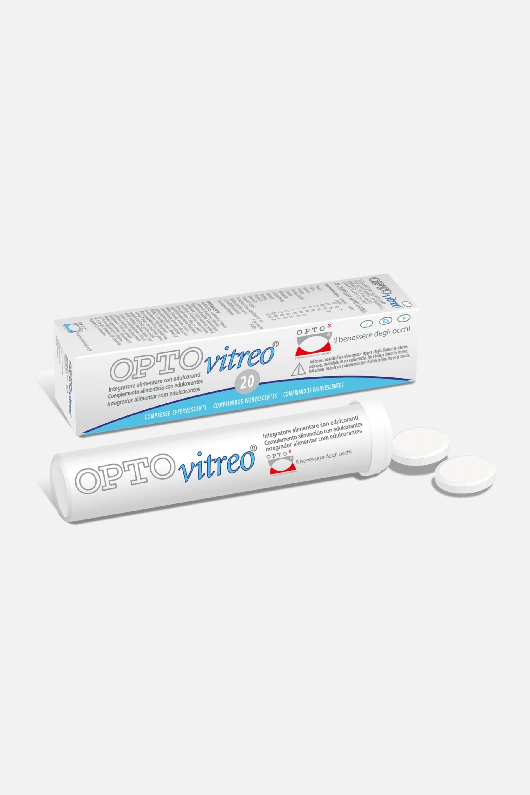"Confezione di OPTOvitreo OPTOx, integratore per miodesopsie con 20 compresse effervescenti, supporto naturale per la salute del corpo vitreo.