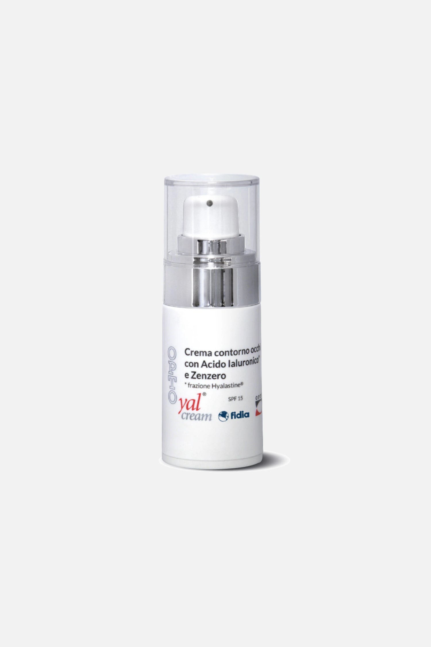 Flacone airless di OPTO Yal Cream 15ml OPTOx, crema contorno occhi con acido ialuronico e SPF 15.