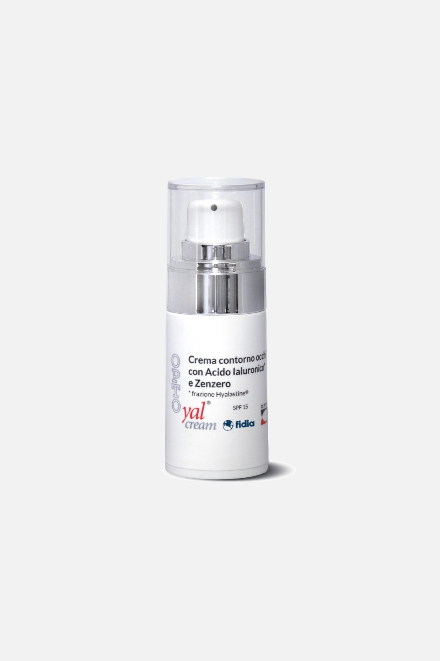 Flacone airless di OPTO Yal Cream 15ml OPTOx, crema contorno occhi con acido ialuronico e SPF 15.