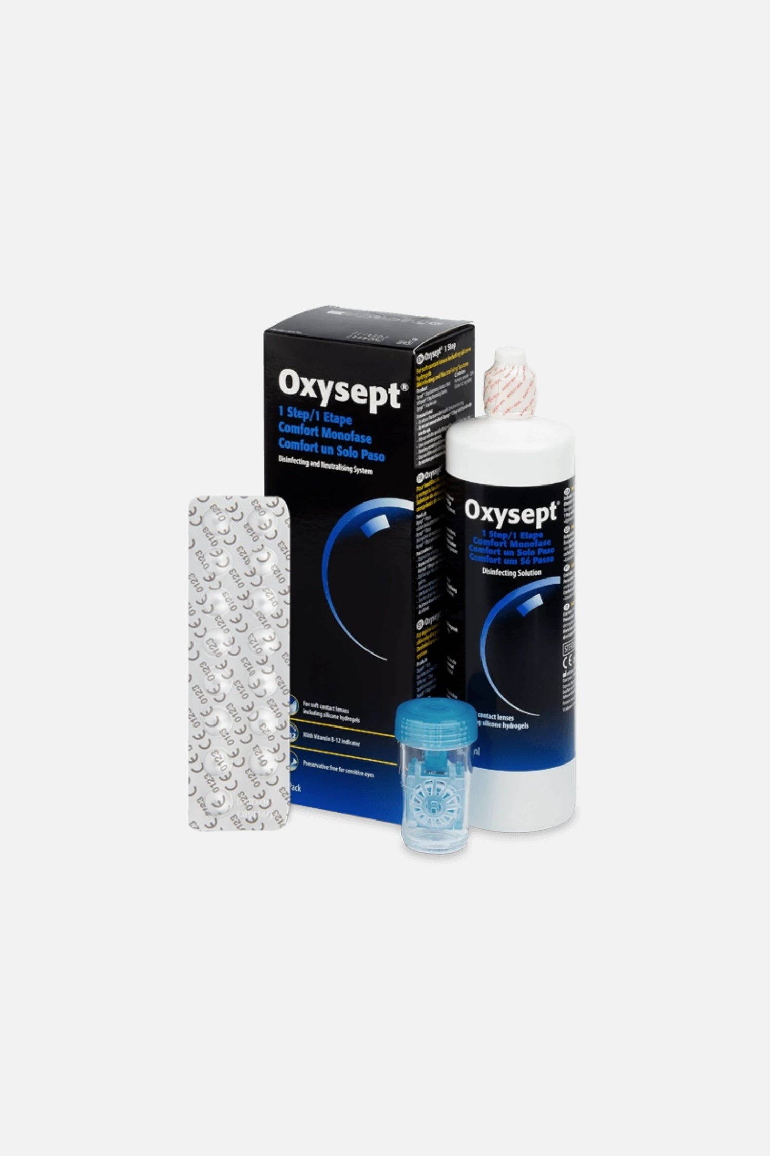Confezione di Oxysept Comfort Monofase 300ml di Abbott, soluzione al perossido per la disinfezione delle lenti a contatto morbide.