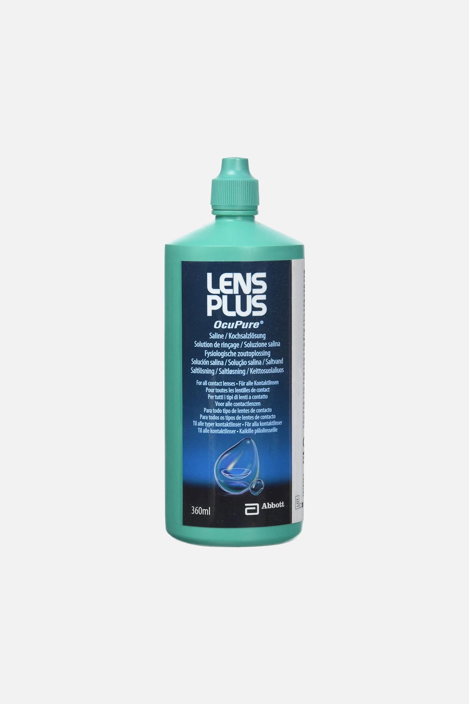Confezione di Lens Plus OcuPure 360ml di Abbott, soluzione salina senza conservanti per il risciacquo di lenti a contatto morbide e rigide.