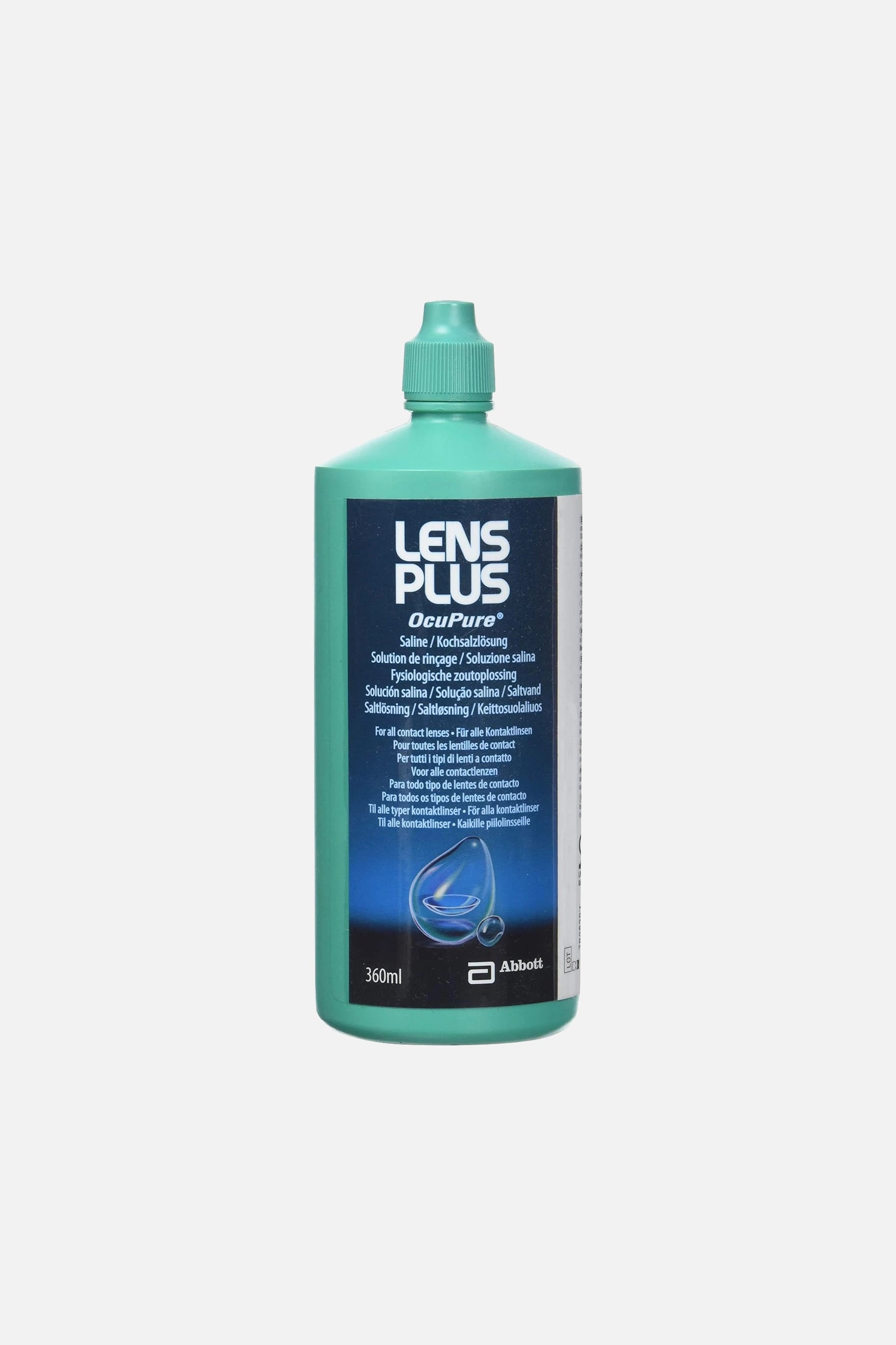Confezione di Lens Plus OcuPure 360ml di Abbott, soluzione salina senza conservanti per il risciacquo di lenti a contatto morbide e rigide.