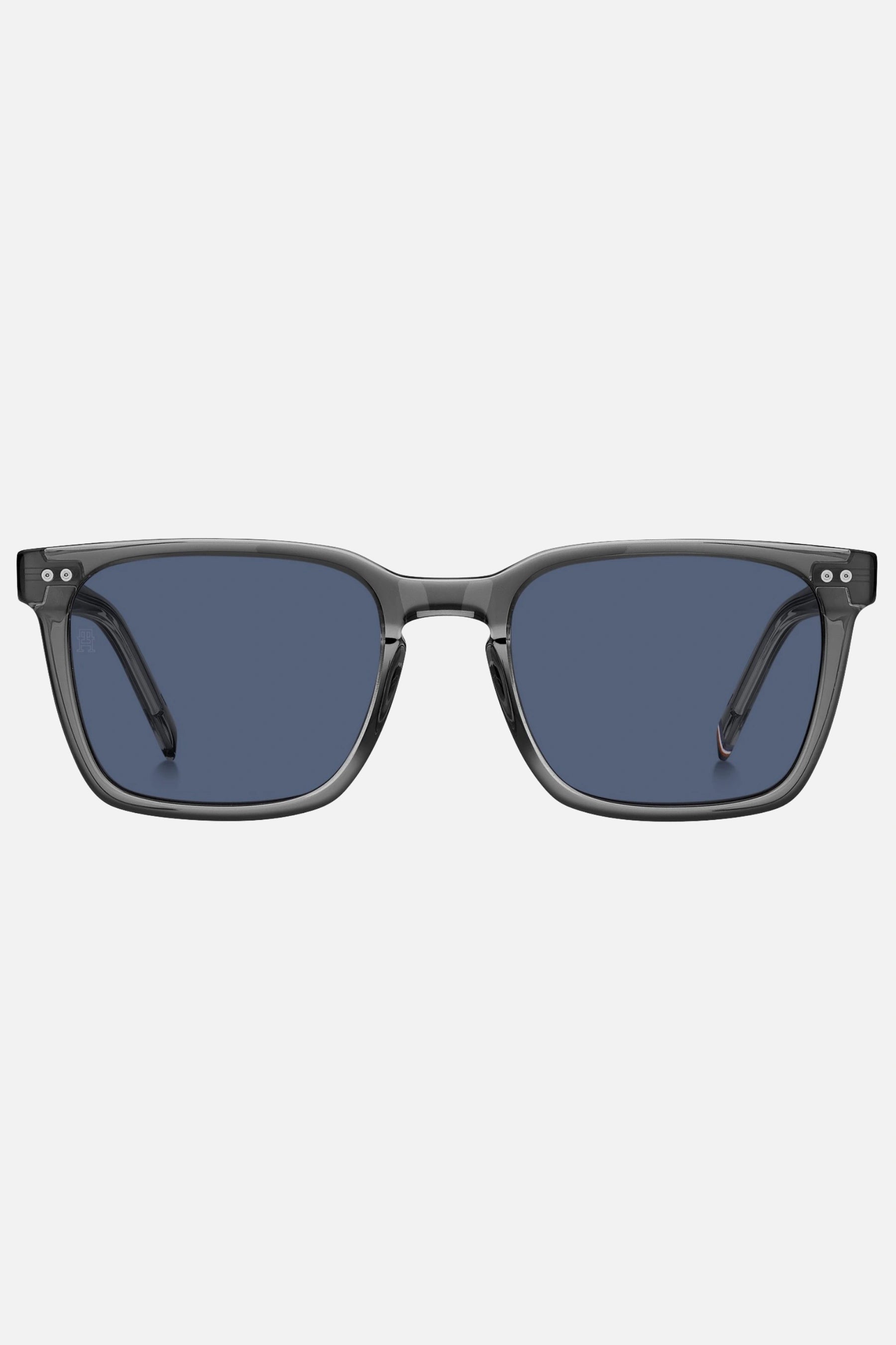 Occhiali da sole Tommy Hilfiger TH 1971/S KB7/KU, montatura grigio trasparente con lenti grigio-blu.