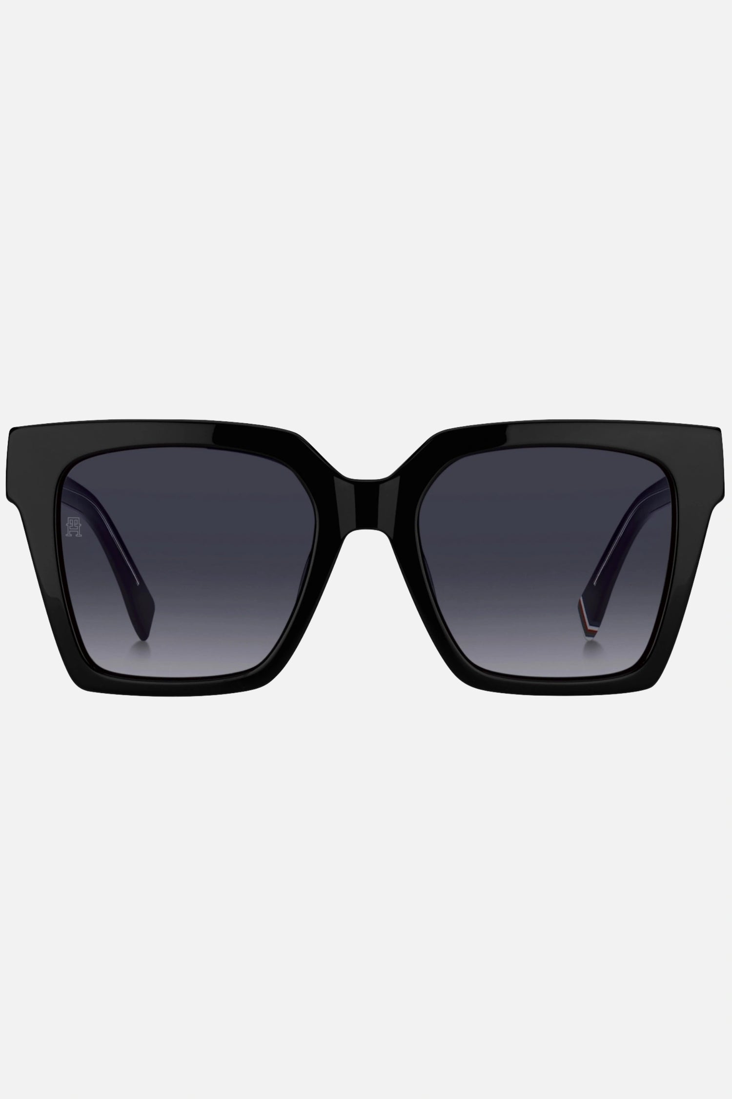 Occhiali da sole Tommy Hilfiger TH 2100/S 8079O, montatura nera lucida con lenti grigio scuro.