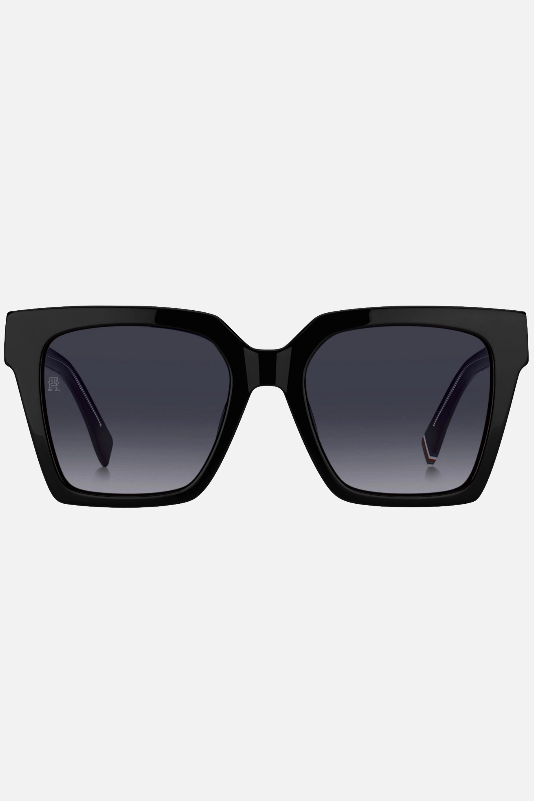 Occhiali da sole Tommy Hilfiger TH 2100/S 8079O, montatura nera lucida con lenti grigio scuro.