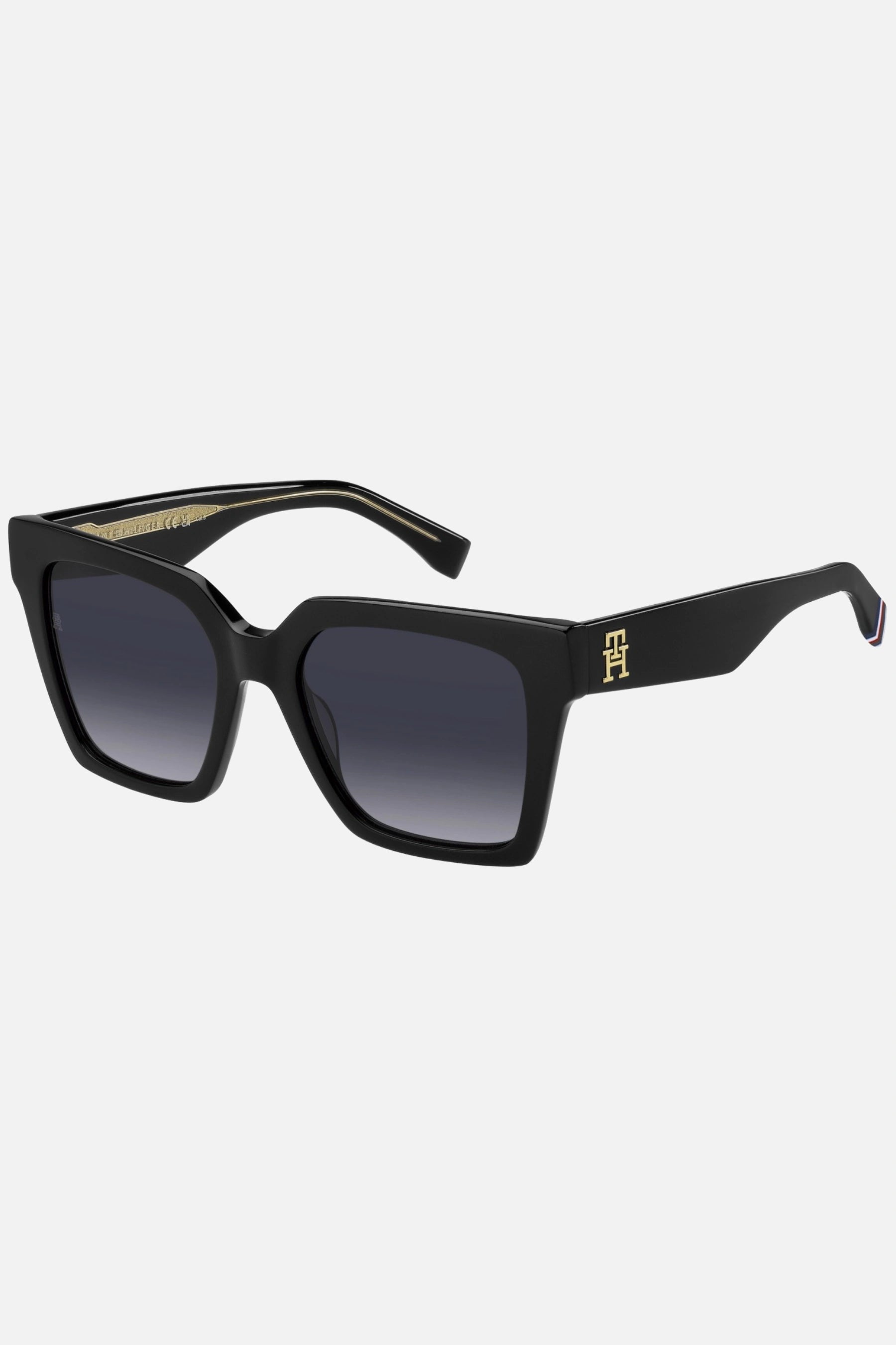 Occhiali da sole Tommy Hilfiger TH 2100/S 8079O, montatura nera lucida con lenti grigio scuro.