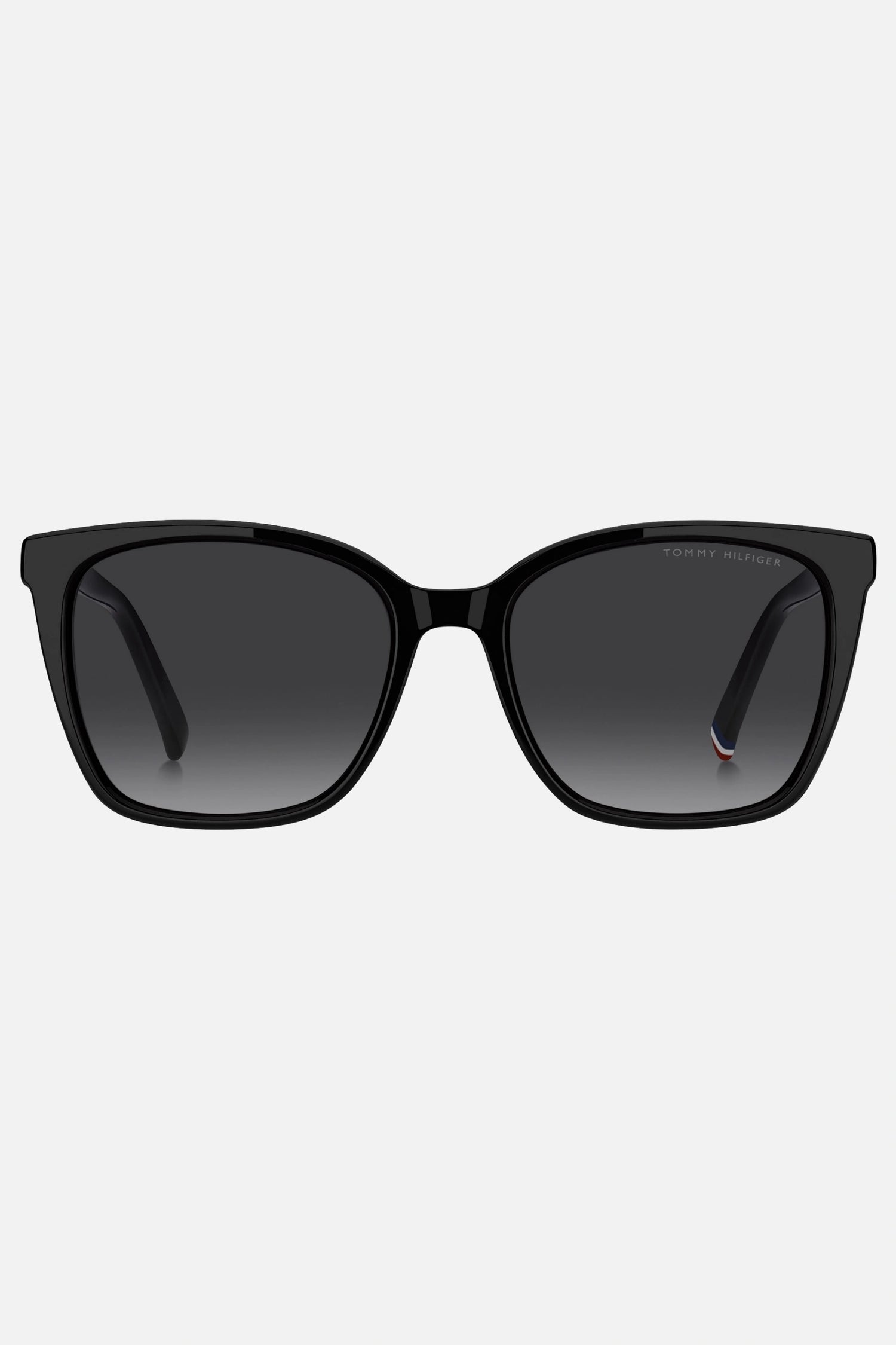 Occhiali da sole Tommy Hilfiger TH 2206/S 8079O, montatura nera lucida con lenti grigio sfumato.