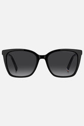 Occhiali da sole Tommy Hilfiger TH 2206/S 8079O, montatura nera lucida con lenti grigio sfumato.