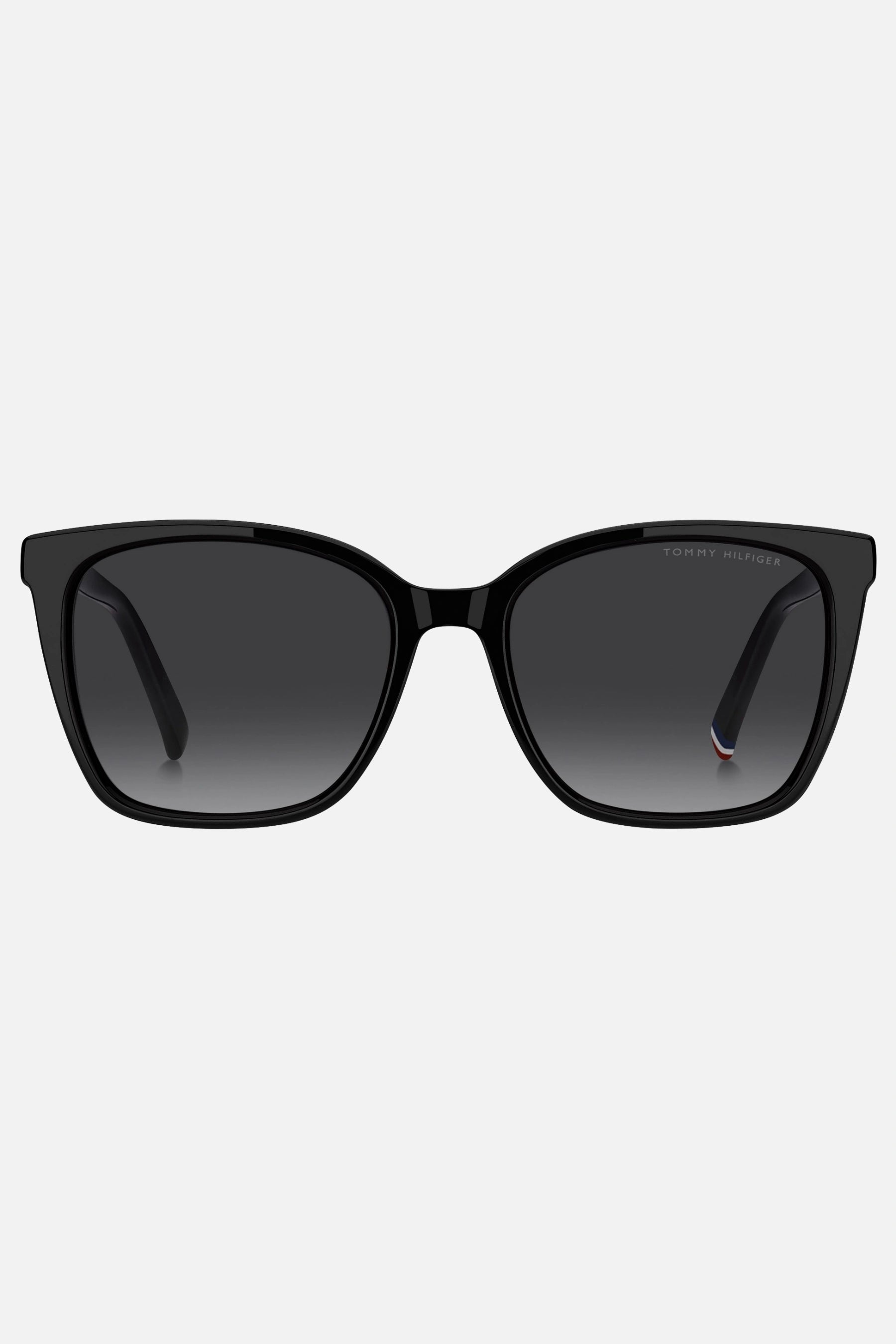 Occhiali da sole Tommy Hilfiger TH 2206/S 8079O, montatura nera lucida con lenti grigio sfumato.