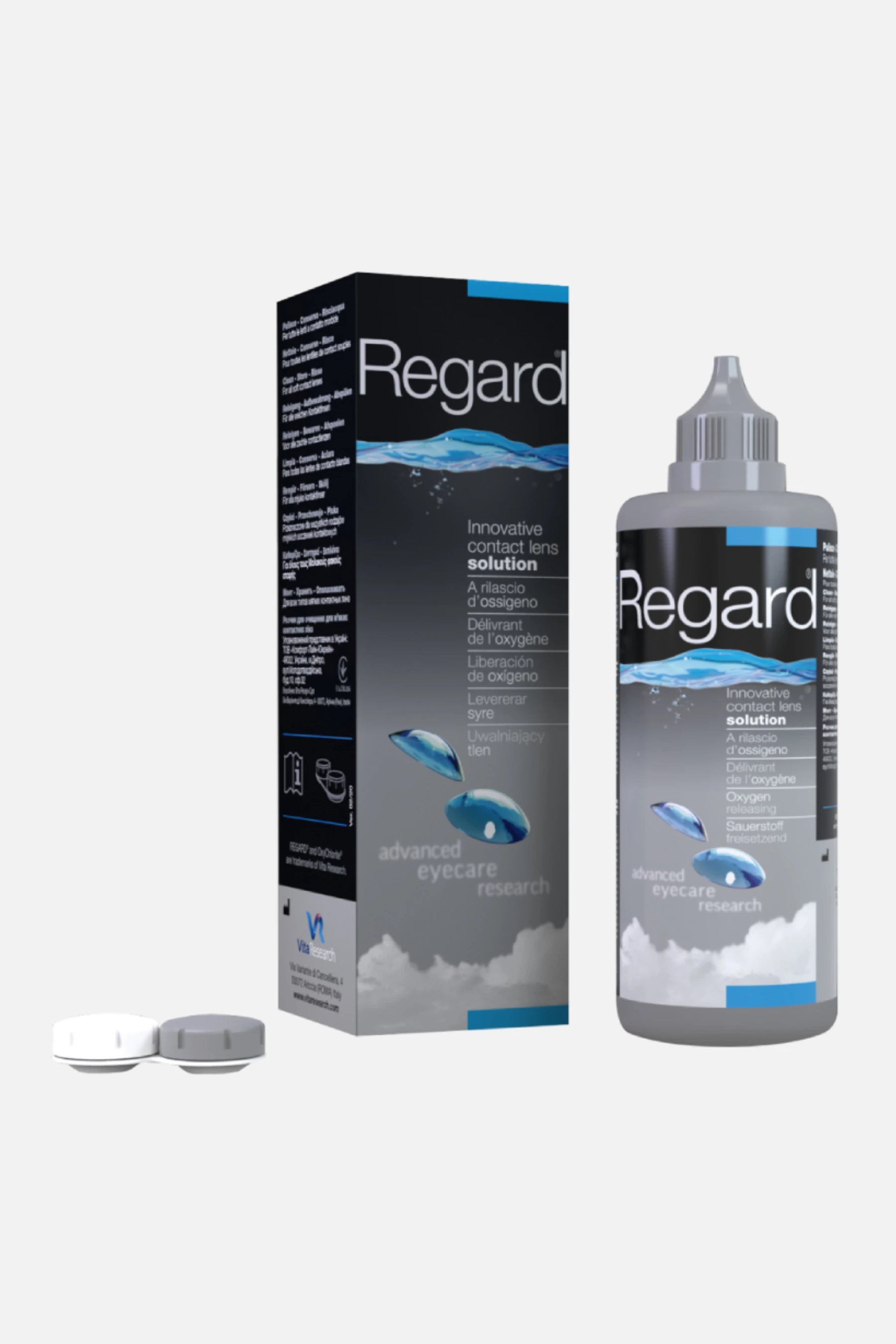 Confezione di Vita Research Regard 355ml, soluzione multiuso per la pulizia e disinfezione delle lenti a contatto morbide.