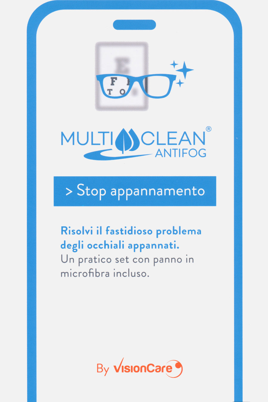 Flacone Multiclean ANTIFOG 20 ml, pulitore per lenti antiriflesso con effetto antiappannamento.