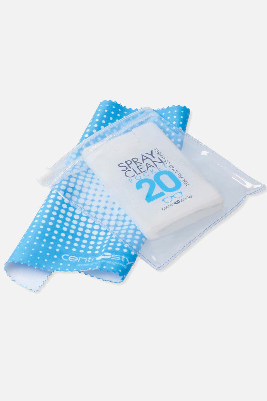 Kit Spray Clean Pocket 20 con panno in microfibra, flacone da 20 ml e panno 16x18 cm per pulizia lenti.