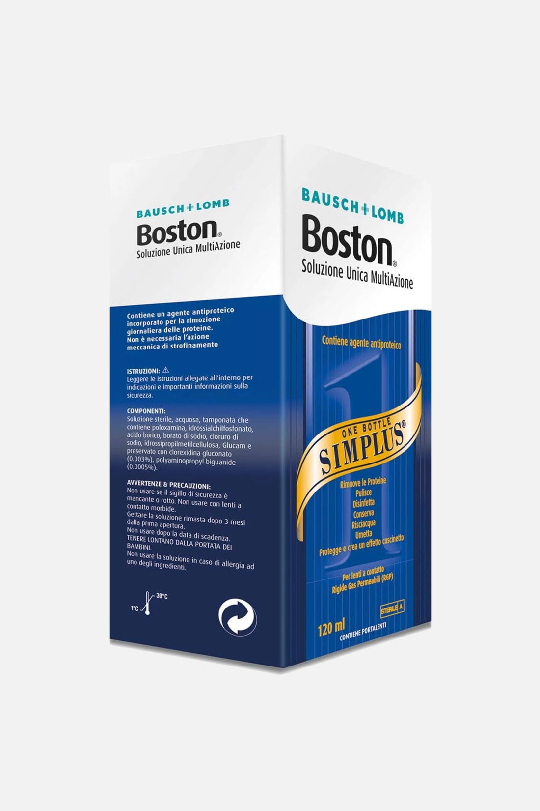 Flacone Boston Simplus MultiAzione 120 ml Bausch &amp; Lomb per lenti rigide.