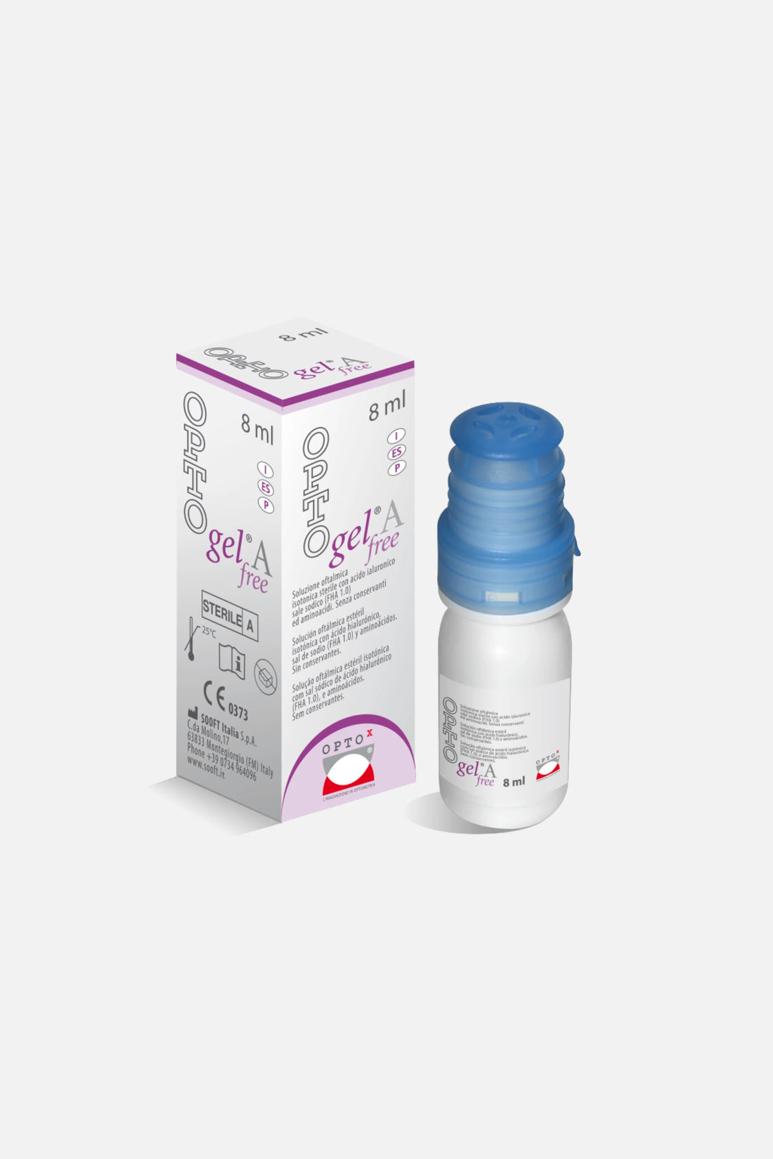 Flacone di OPTO Gel A Free 8ml OPTOx, collirio gel con sodio ialuronato per occhi secchi e lenti.
