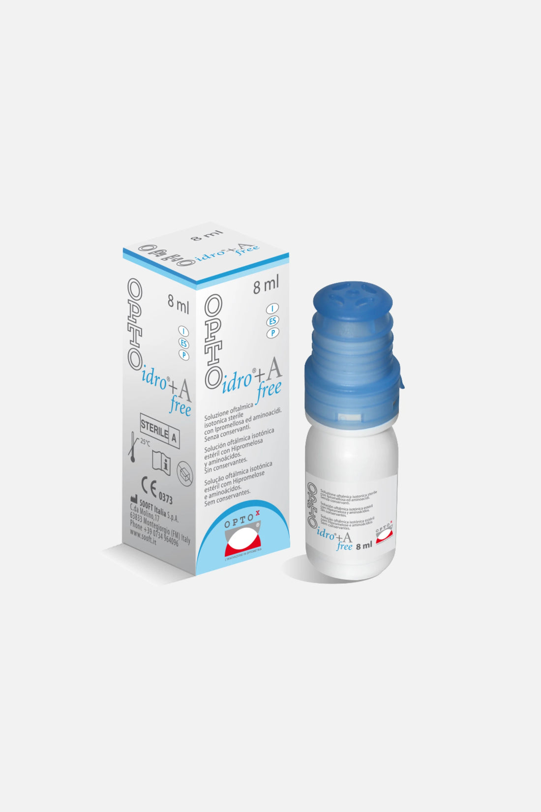 Flacone di OPTO Idro A+ Free 8ml OPTOx, collirio idratante con ipromellosa per occhi secchi e lenti.