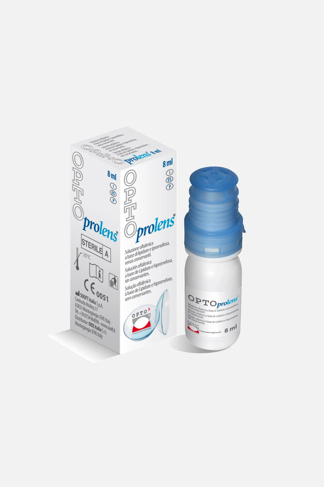 Flacone di OPTOprolens OPTOx 8ml, collirio idratante senza conservanti per lenti a contatto e occhi secchi, tecnologia OSD.