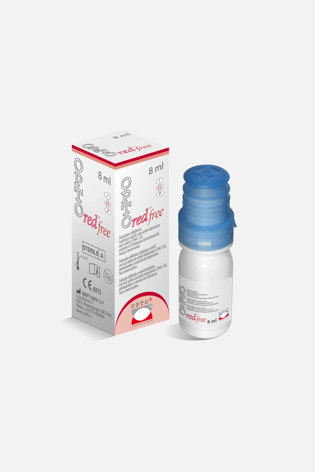 Flacone di OPTO Red Free 8ml OPTOx, collirio con echinacea per occhi rossi e lenti, senza conservanti.