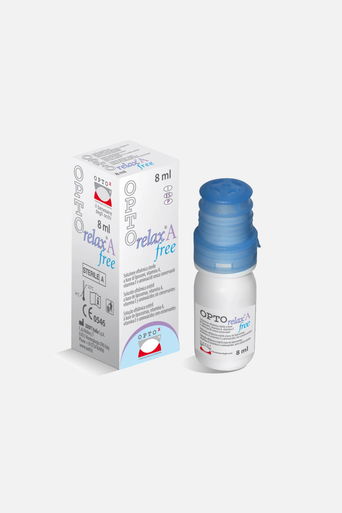 Flacone di OPTO Relax A Free 8ml OPTOx, collirio liposomiale per occhi secchi e lenti, senza conservanti.