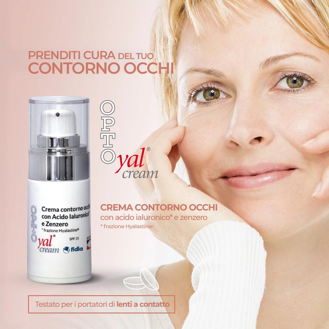 Flacone airless di OPTO Yal Cream 15ml OPTOx, crema contorno occhi con acido ialuronico e SPF 15.