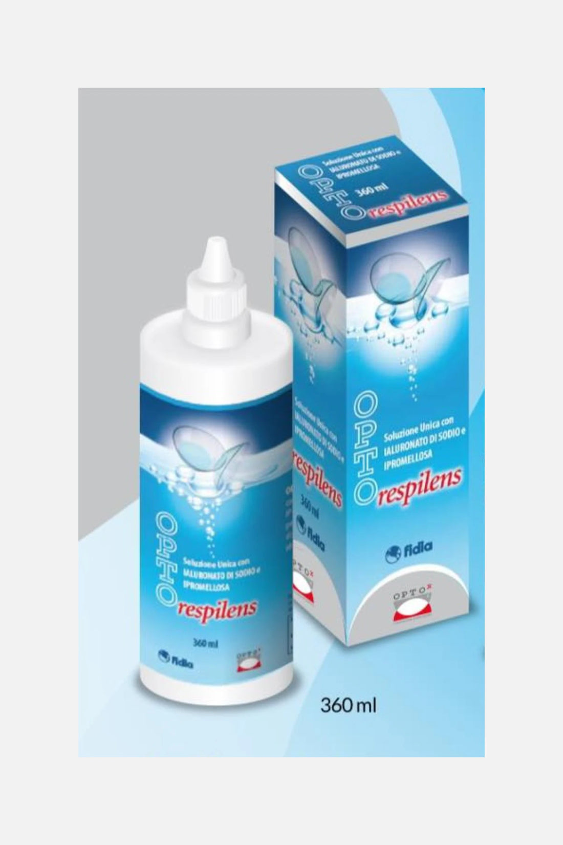 Flacone di OPTOrespilens 360ml OPTOx, soluzione unica con ialuronato e ipromellosa per lenti morbide.